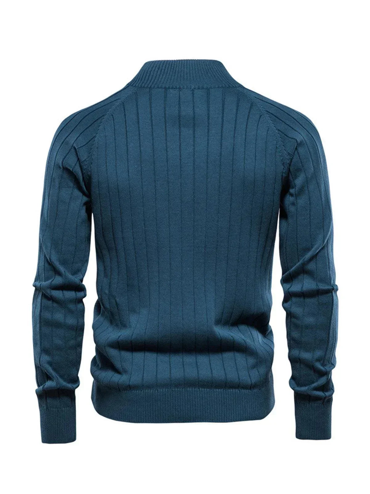 Back view of a men's teal blue ribbed knit sweater with a high collar.