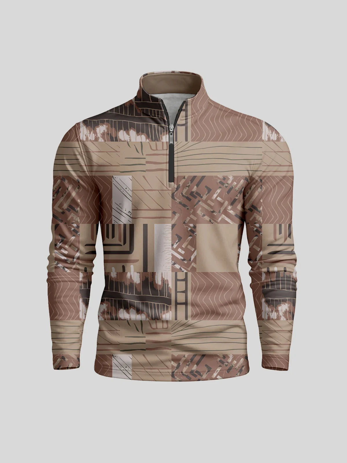 Men's quarter-zip performance golf pullover with an abstract brown and tan geometric print.