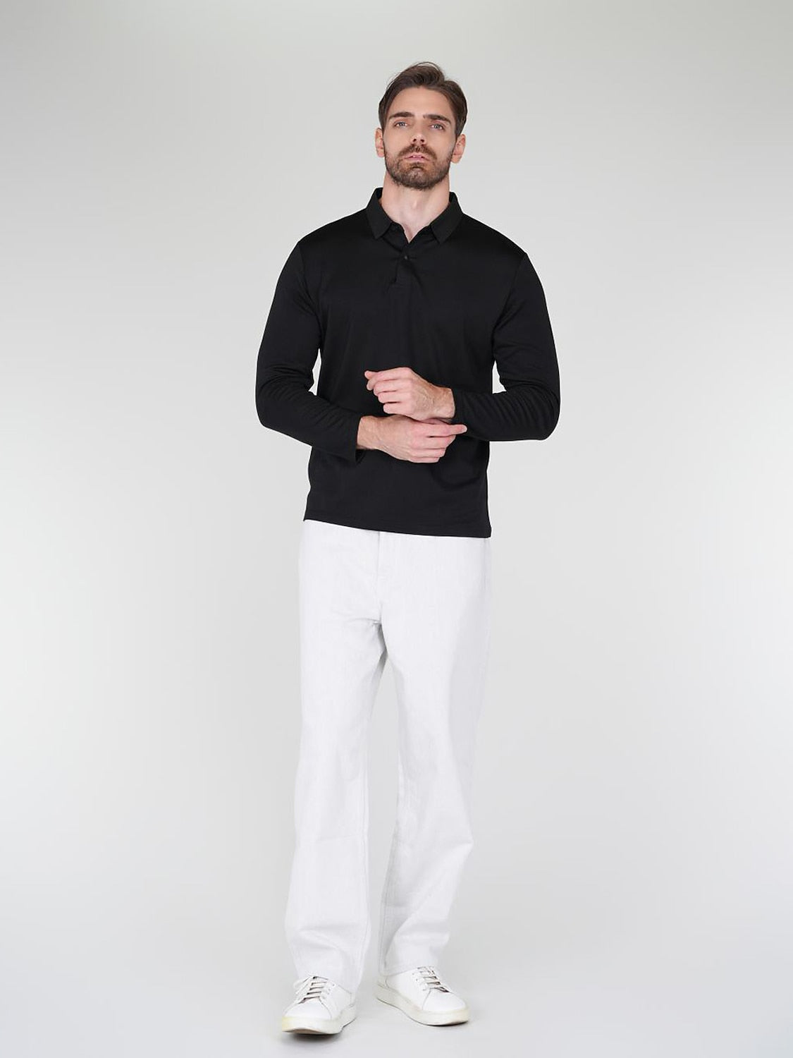 Aqua Wool Men's Snap buttons Long Sleeve Polo Shirt