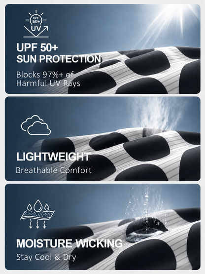 Infographic showing UPF 50+ sun protection, lightweight breathability, and moisture wicking fabric.