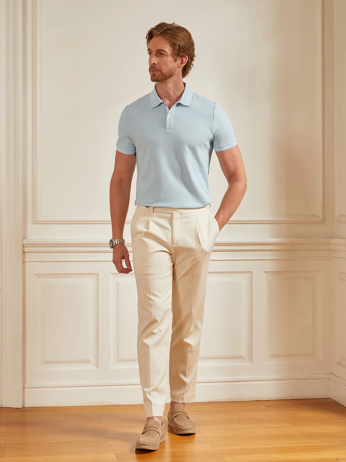 PearlTex Men's Cotton-Linen-Silk Polo Top
