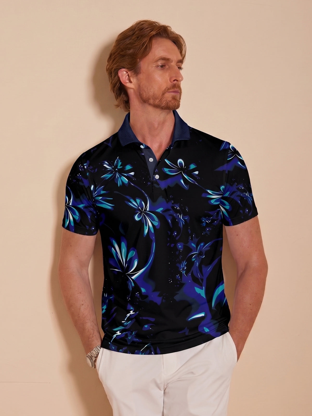 Botanical Energy Men's Ribbed Collar Polo Top UPF50+