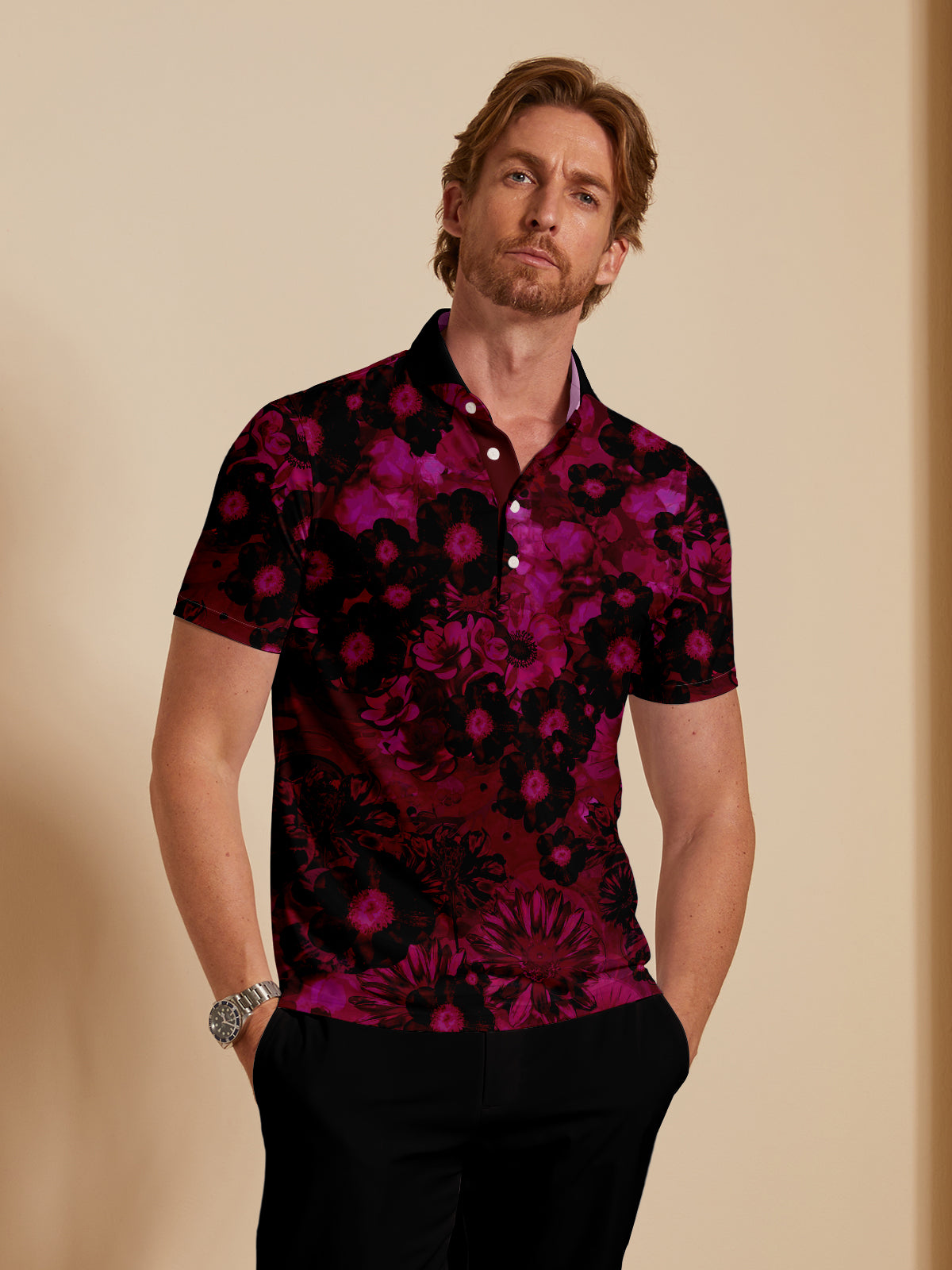 Hyped-up Tropical Men's Ribbed Collar Polo Top UPF50+