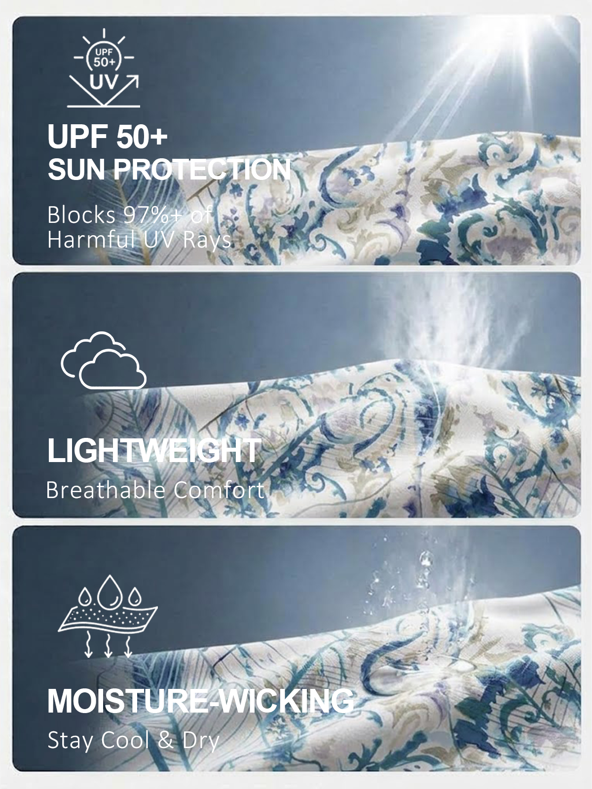 Infographic showing sun-protective, lightweight, and moisture-wicking performance fabric features.