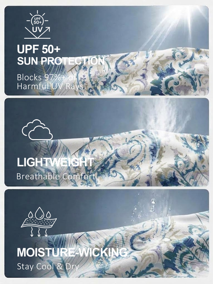 Infographic showing sun-protective, lightweight, and moisture-wicking performance fabric features.