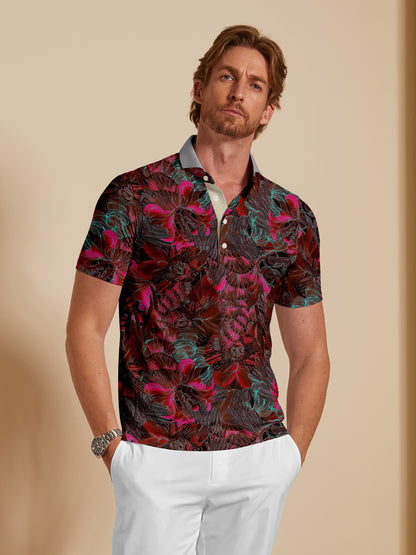 Hyped-up Tropical Men's Ribbed Collar Polo Top UPF50+