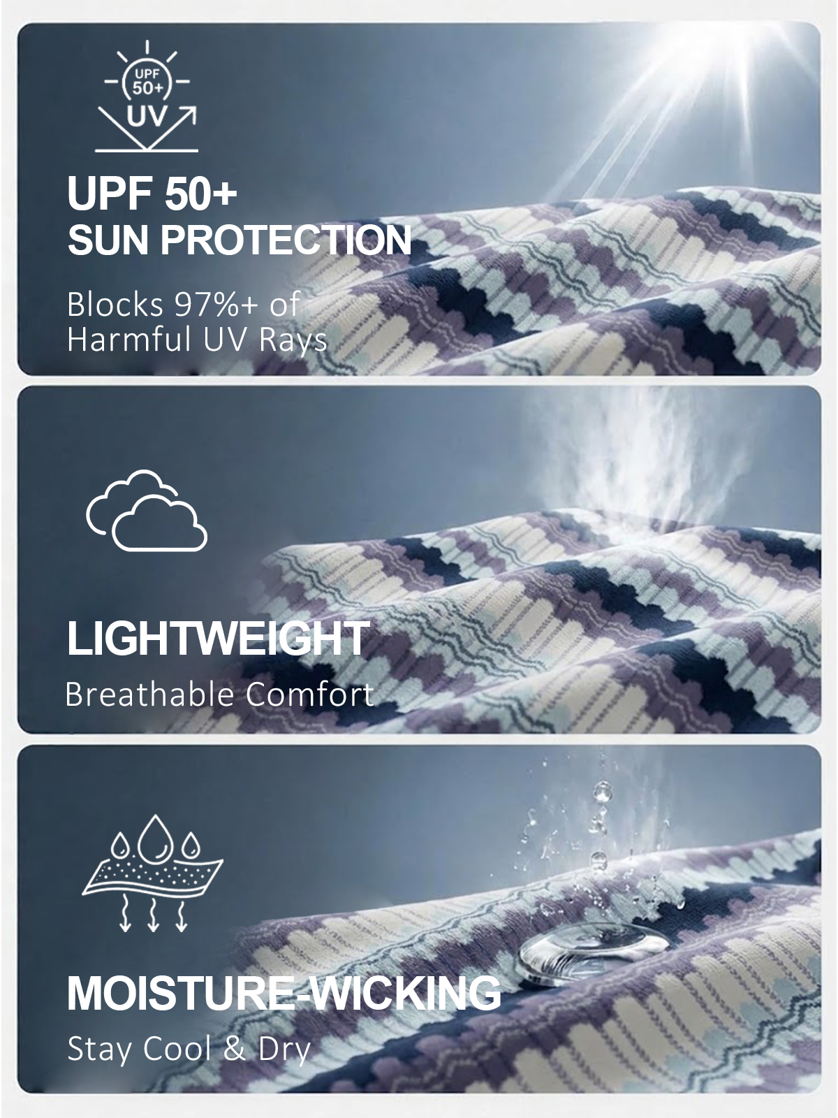Infographic showing UPF 50+ sun protection, lightweight, and moisture-wicking golf apparel fabric.