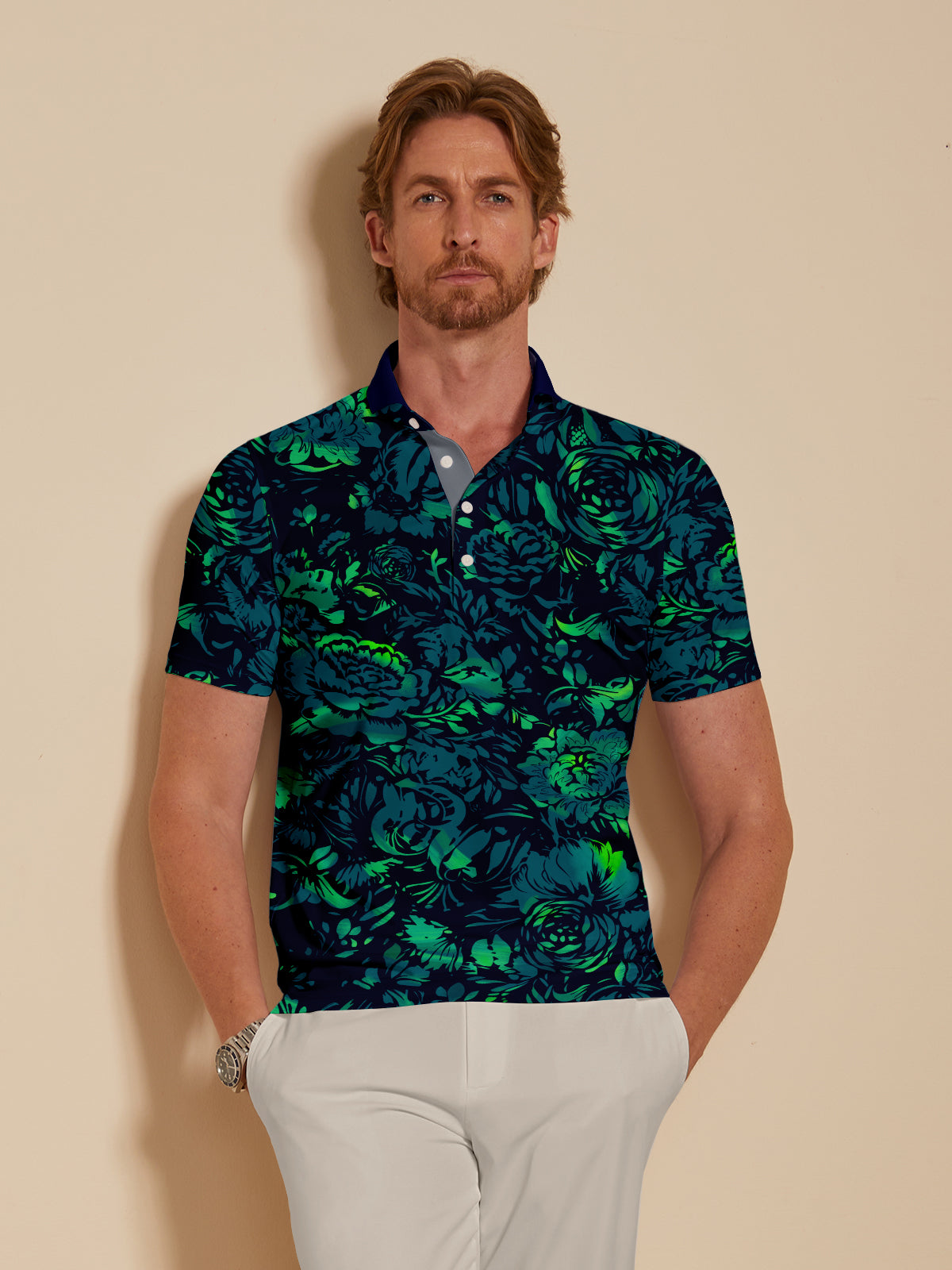 Hyped-up Tropical Men's Ribbed Collar Polo Top UPF50+