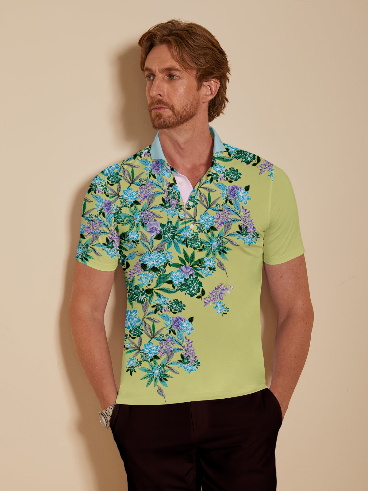 Hyped-up Tropical Men's Ribbed Collar Polo Top UPF50+