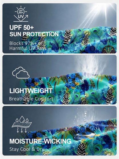 Infographic showing UPF 50+, lightweight, and moisture-wicking features of a blue patterned fabric.