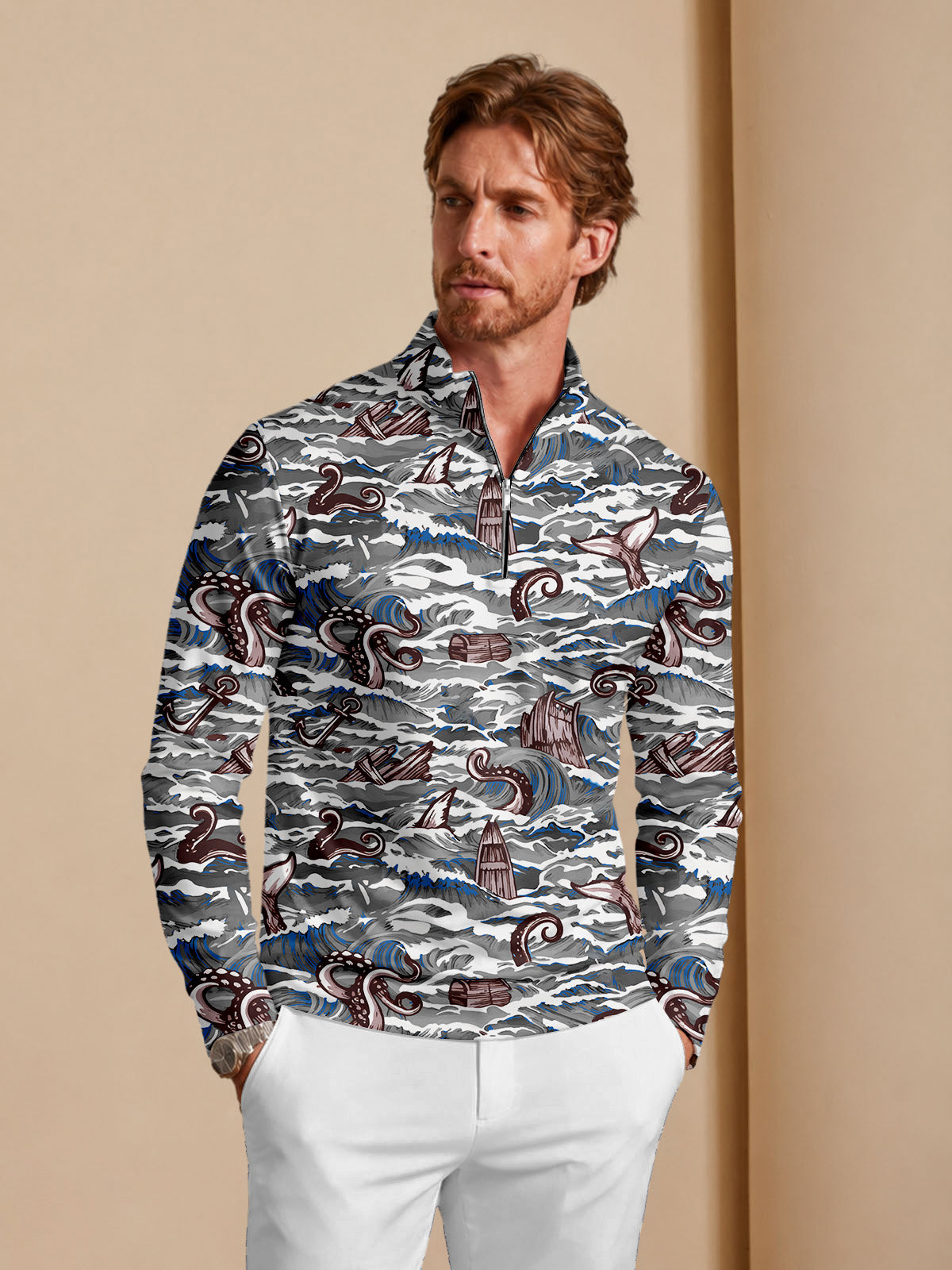 Playful Nautical Men's Lightweight Golf Shirt Quarterzip UPF50+