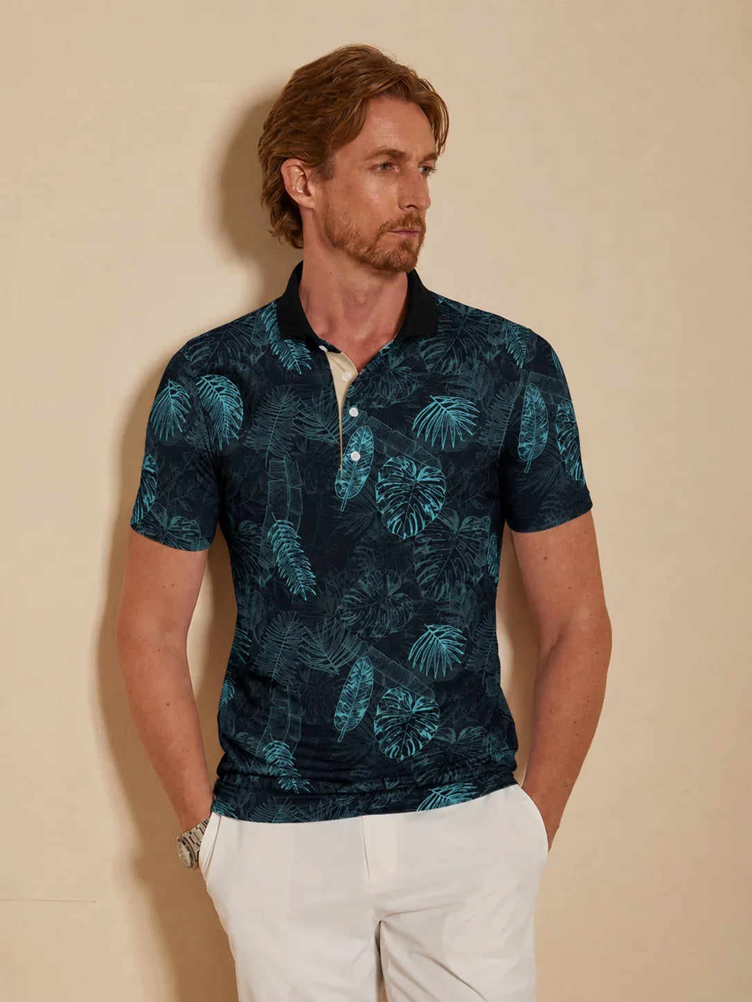 Camisa Polo de Tendencia Tropical con Cuello Acanalado para Hombre UPF50+
