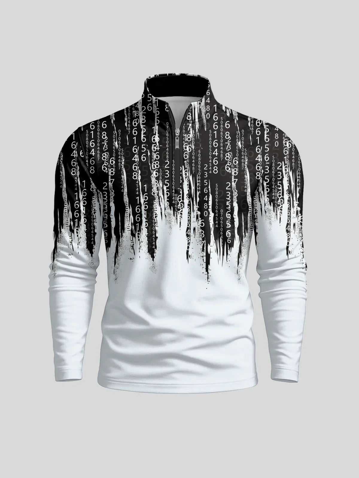 Men's performance golf polo with a black and white binary code drip print design.