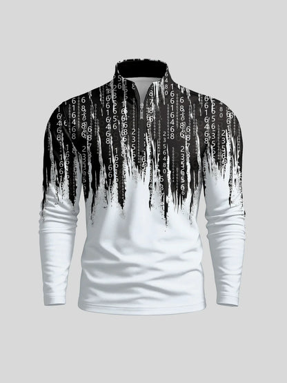 Men's performance golf polo with a black and white binary code drip print design.