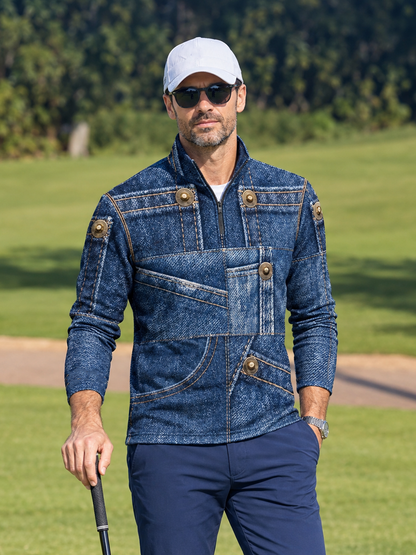 Faux Denim Men's Lightweight Golf Shirt Quarterzip UPF50+