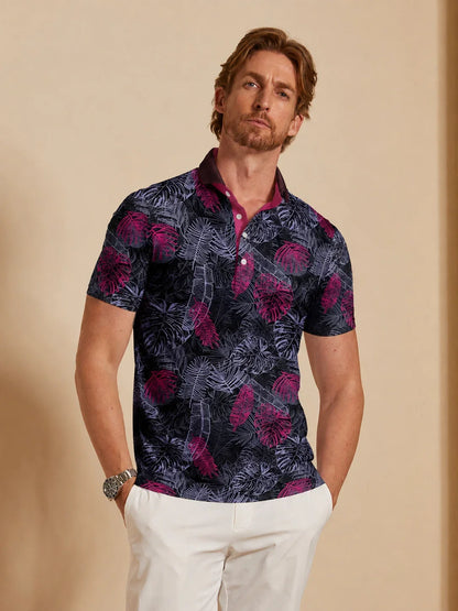 Camisa Polo de Tendencia Tropical con Cuello Acanalado para Hombre UPF50+