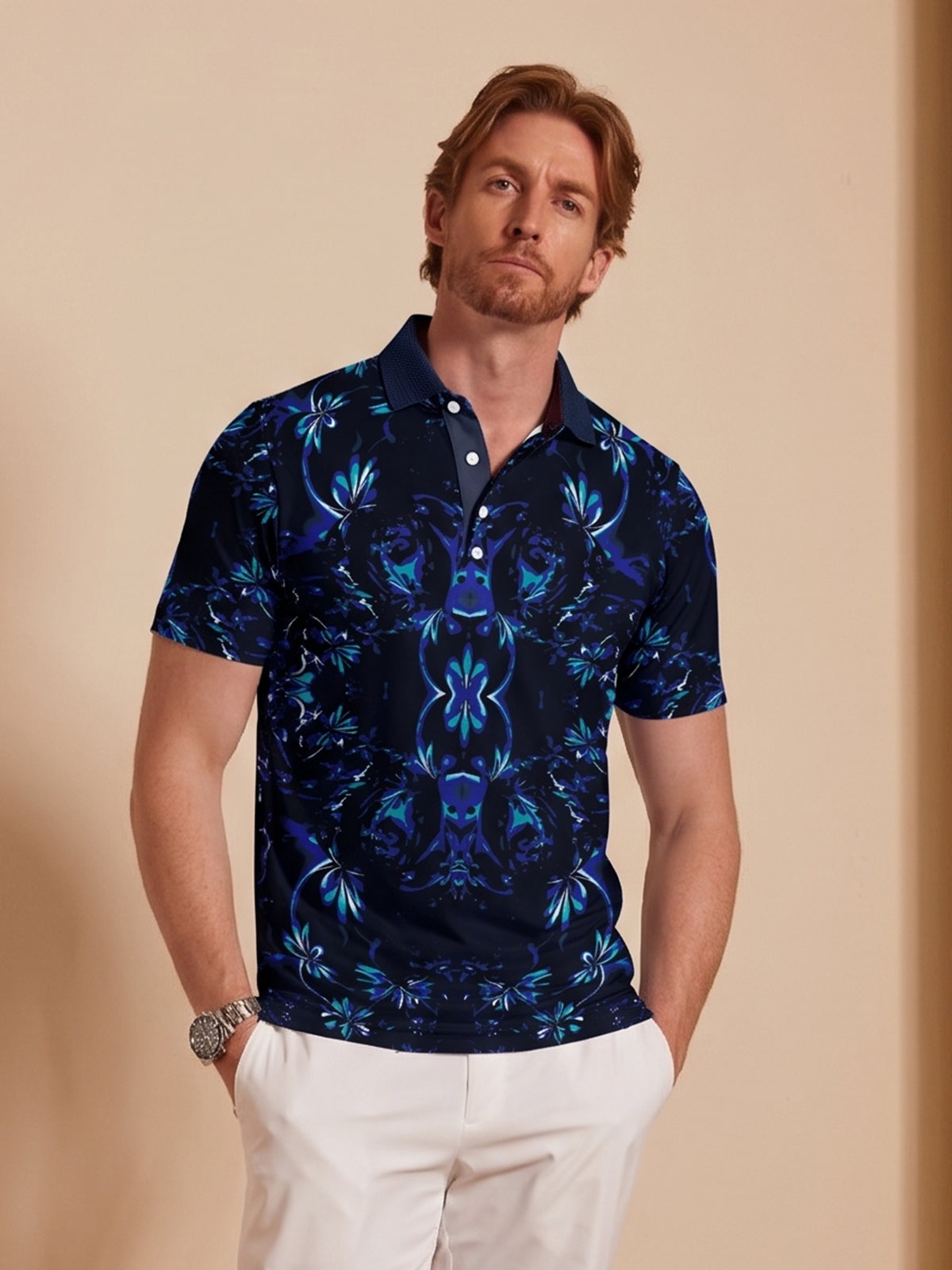 Botanical Energy Men's Ribbed Collar Polo Top UPF50+