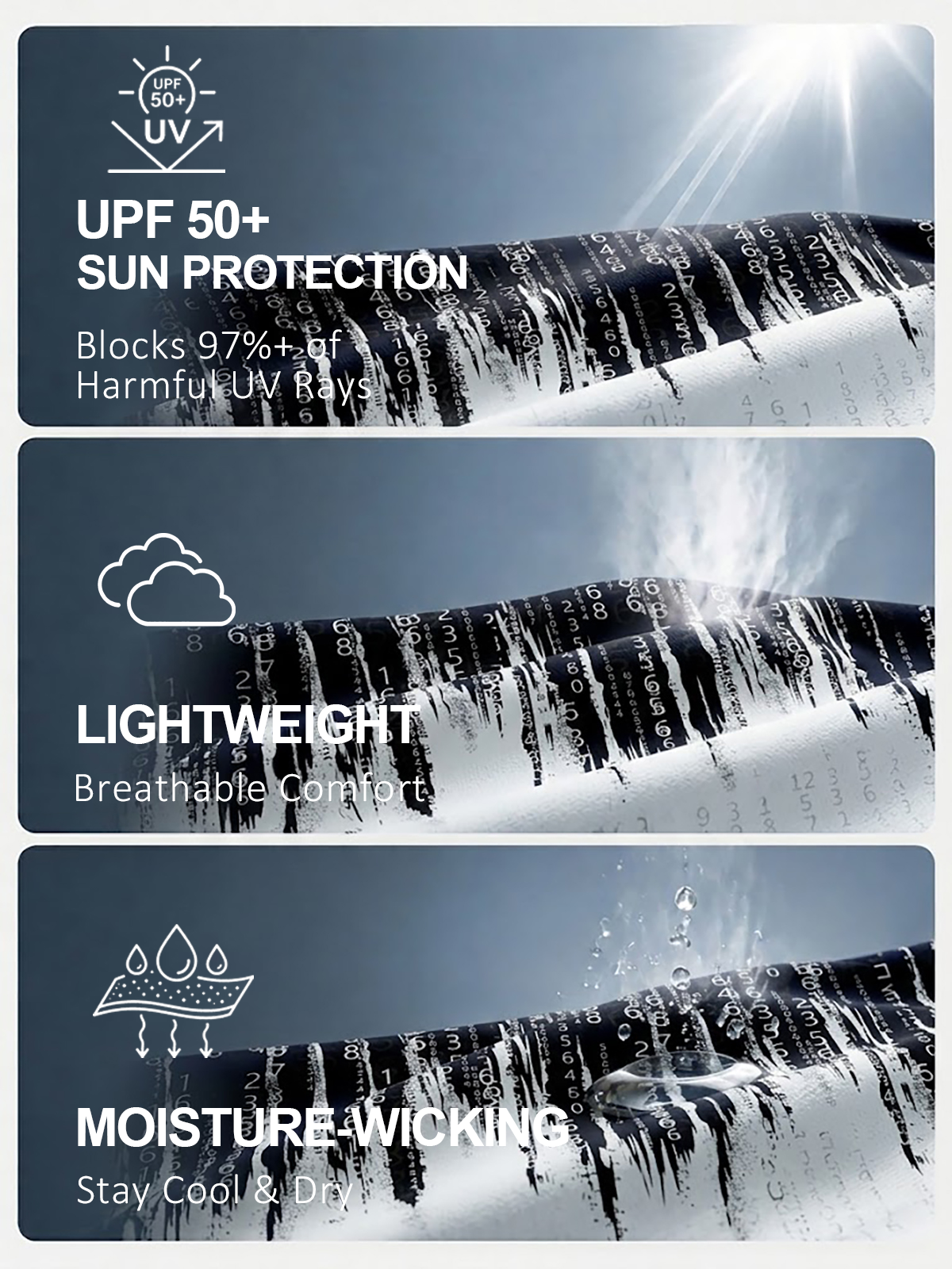 Golf apparel fabric showing UPF 50+ sun protection, lightweight breathability, and moisture wicking.