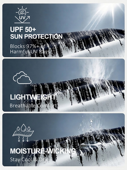 Golf apparel fabric showing UPF 50+ sun protection, lightweight breathability, and moisture wicking.