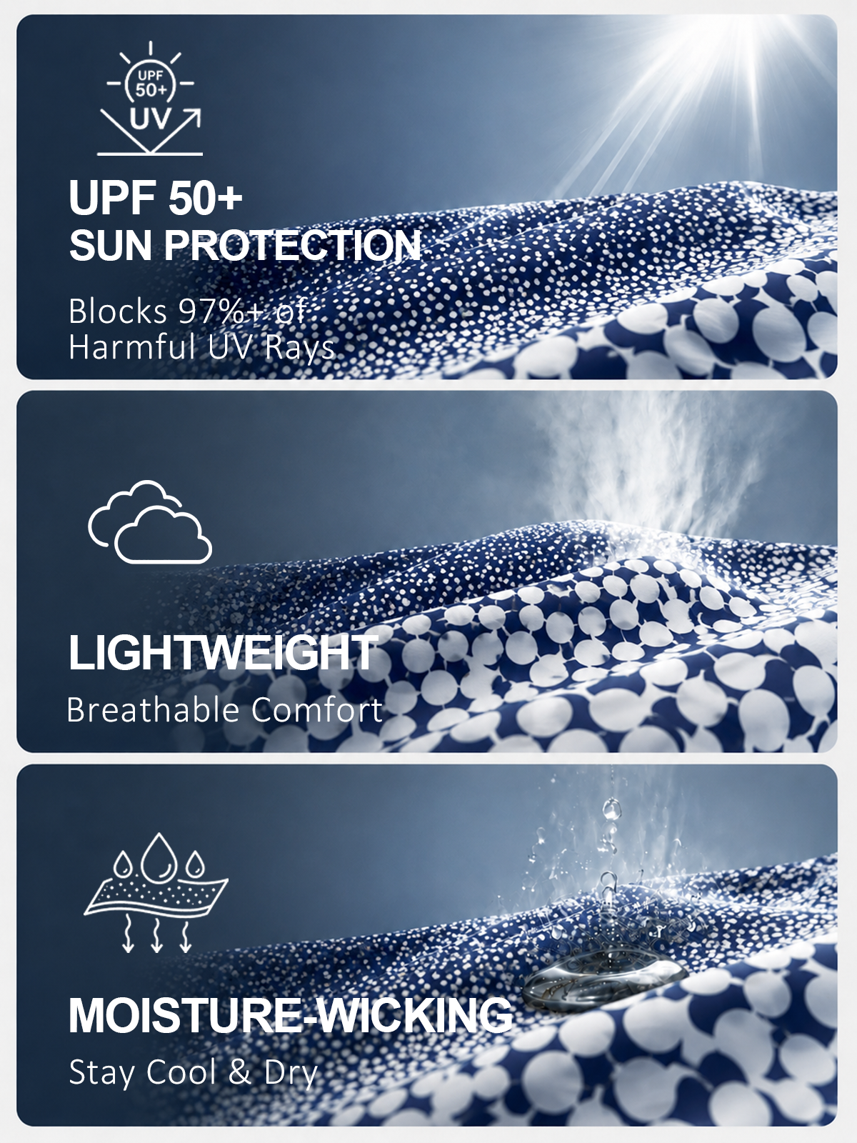 Blue patterned golf fabric highlighting UPF 50+ sun protection, lightweight, and moisture-wicking features.