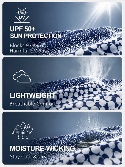 Blue patterned golf fabric highlighting UPF 50+ sun protection, lightweight, and moisture-wicking features.