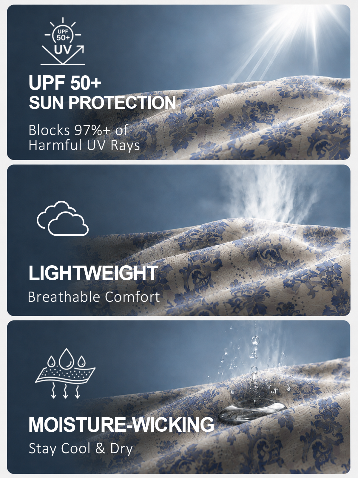 Infographic showing UPF 50+ sun protection, lightweight breathable fabric, and moisture-wicking properties of blue patterned golf apparel.