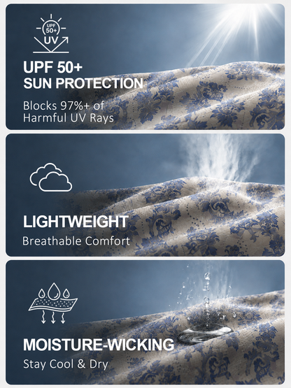 Infographic showing UPF 50+ sun protection, lightweight breathable fabric, and moisture-wicking properties of blue patterned golf apparel.