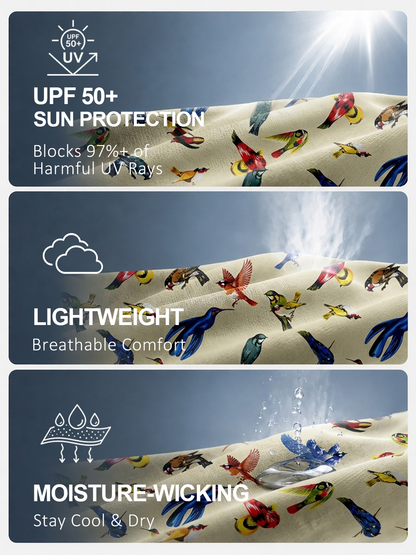 Infographic showing moisture-wicking, lightweight, and UPF 50+ sun protection golf fabric.