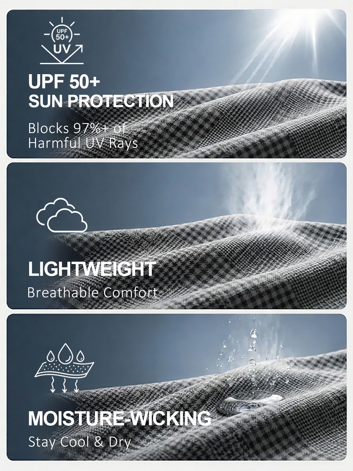 Infographic showcasing UPF 50+ sun protection, lightweight breathability, and moisture-wicking fabric.