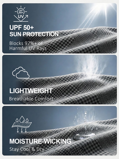 Infographic showcasing UPF 50+ sun protection, lightweight breathability, and moisture-wicking fabric.