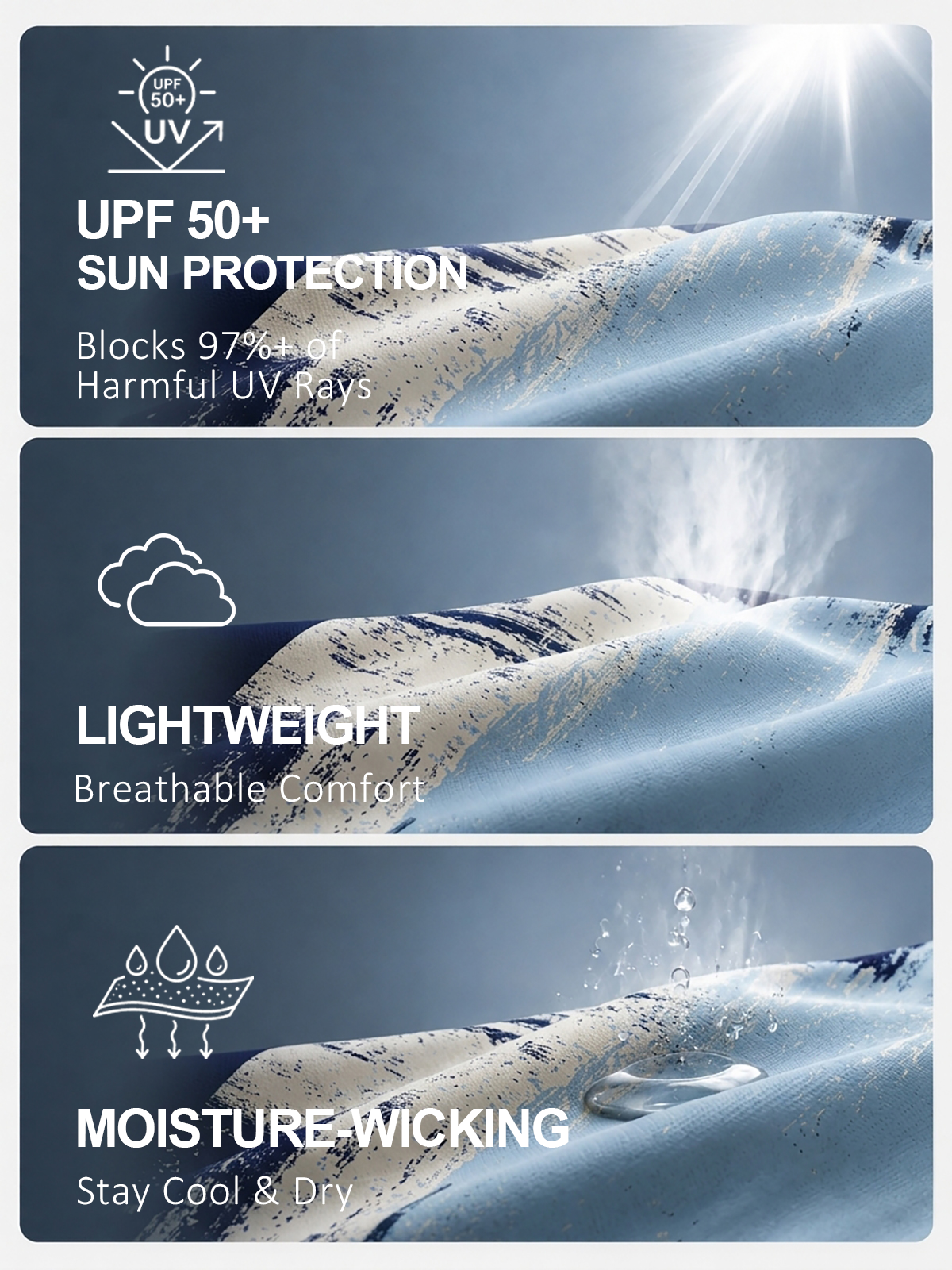 Three panels showing high-performance golf fabric with UPF 50+, lightweight, and moisture-wicking features.