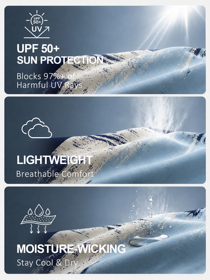 Three panels showing high-performance golf fabric with UPF 50+, lightweight, and moisture-wicking features.