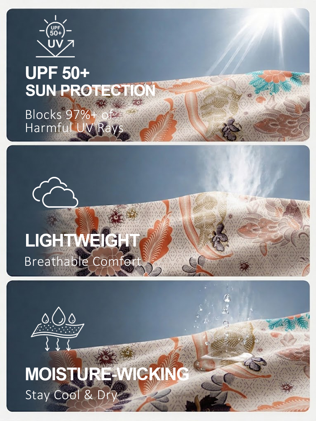 Infographic showing UPF 50+ sun protection, lightweight, and moisture-wicking golf fabric.