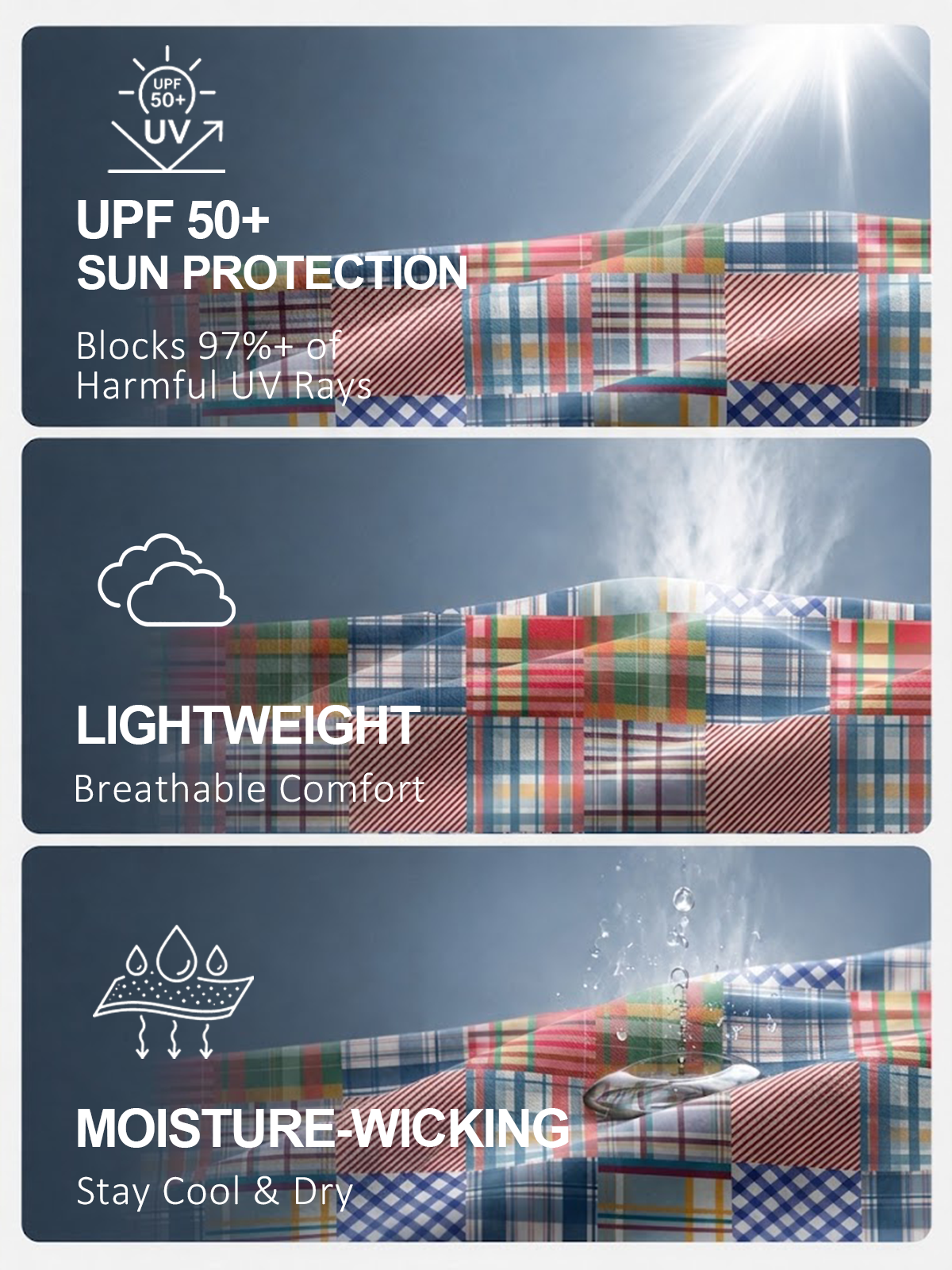 Infographic showing UPF 50+ sun protection, lightweight, and moisture-wicking golf fabric.