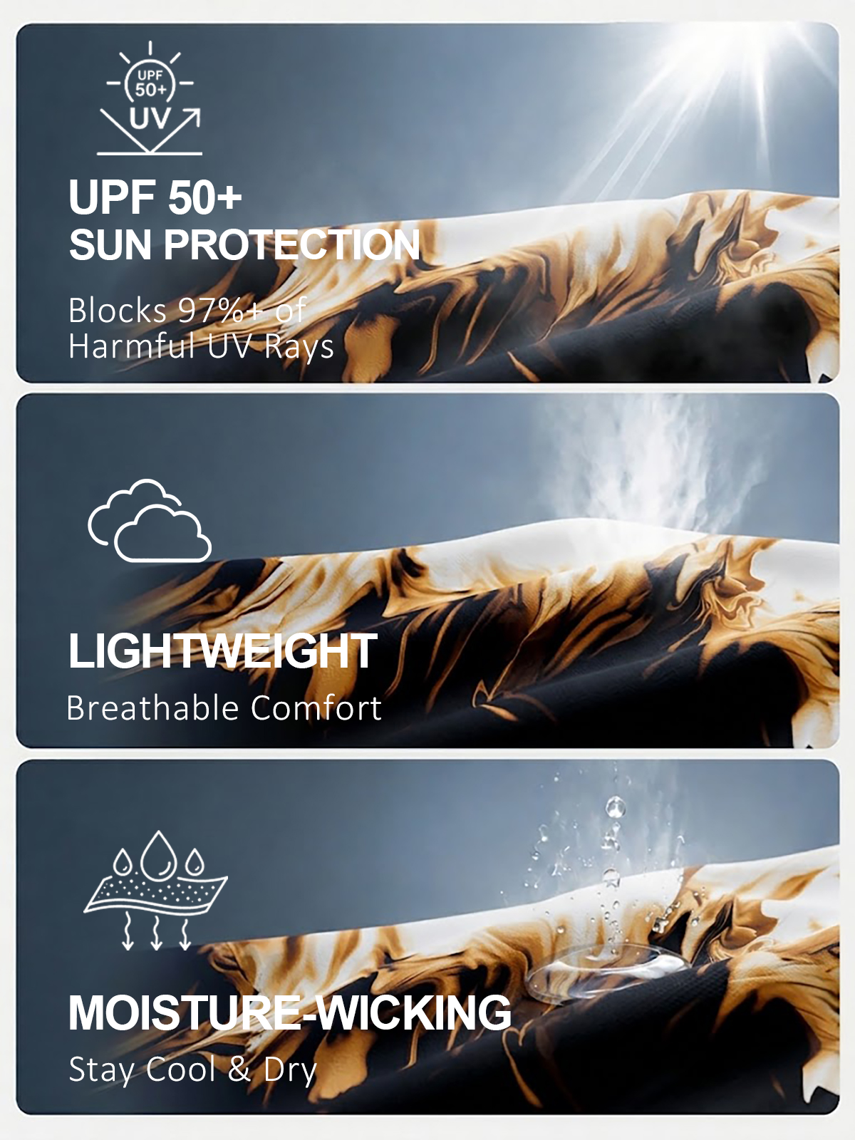 Golf apparel fabric showcasing UPF 50+ sun protection, lightweight breathability, and moisture-wicking.