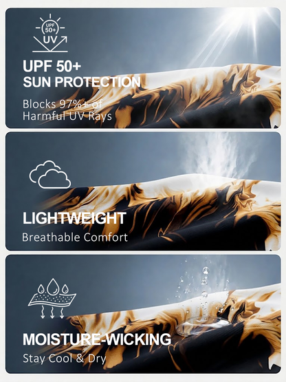 Golf apparel fabric showcasing UPF 50+ sun protection, lightweight breathability, and moisture-wicking.