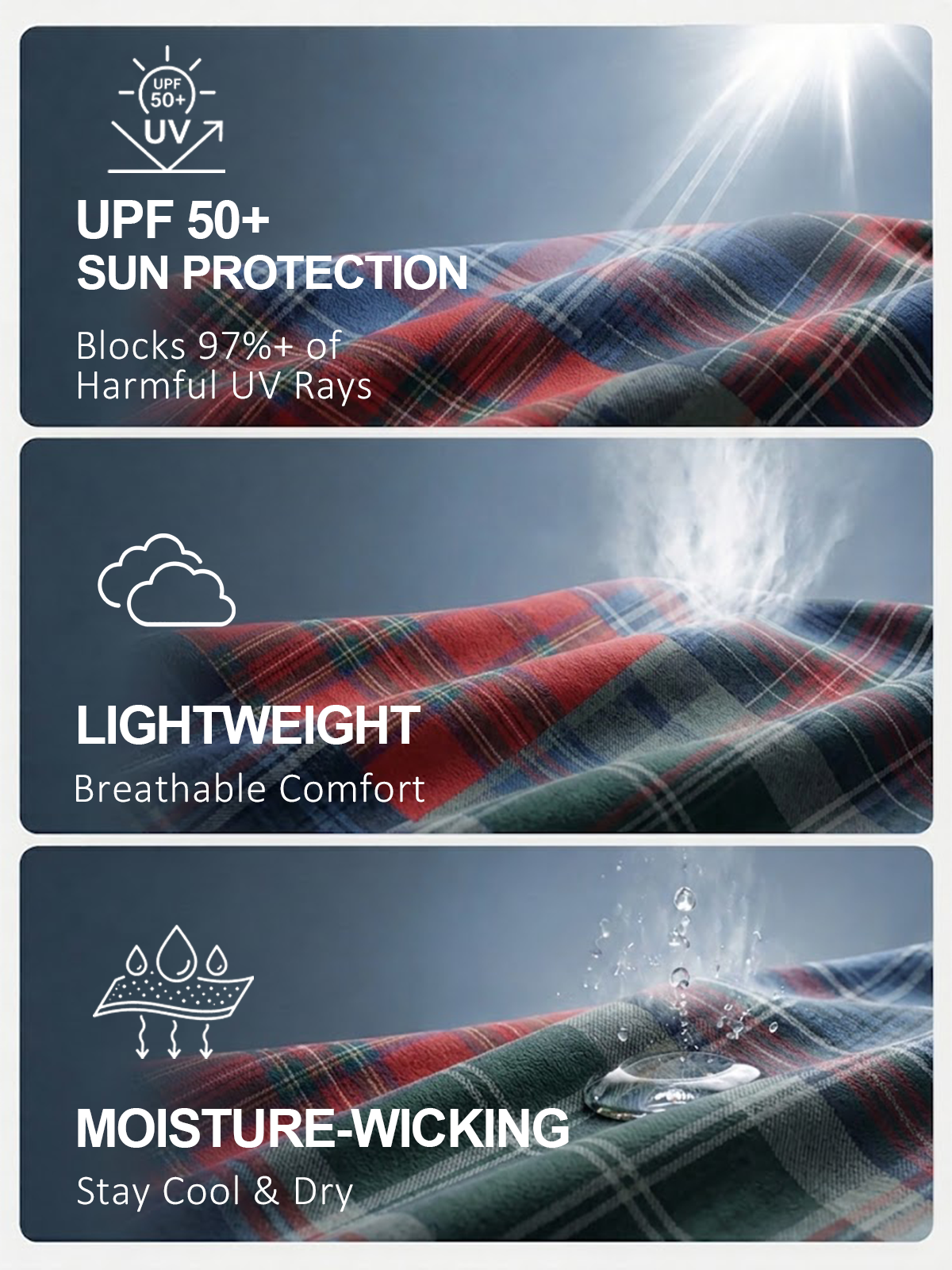 Performance golf fabric showcasing UPF 50+ protection, lightweight breathability, and moisture-wicking properties.