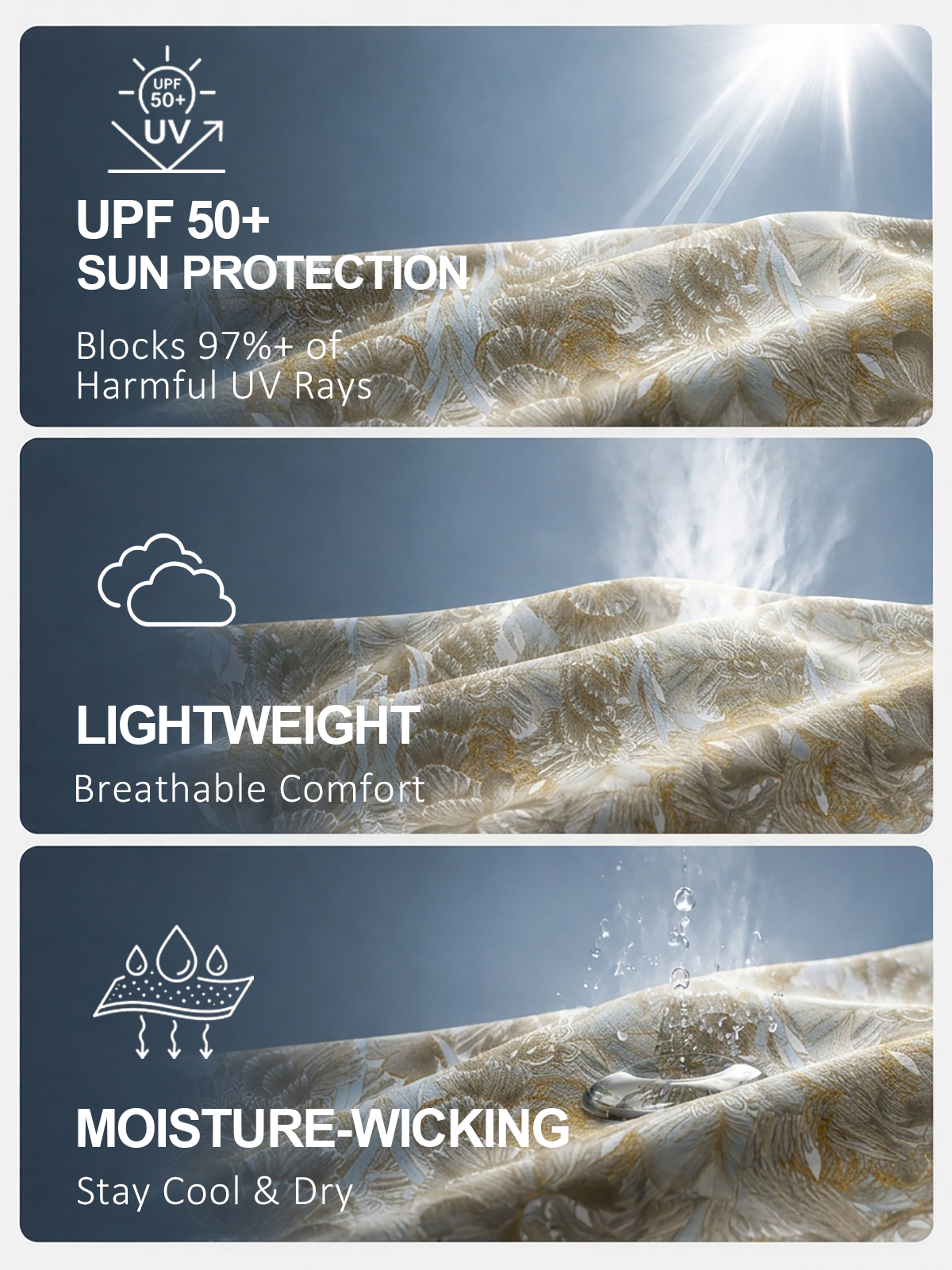 Infographic showing UPF 50+ sun protection, lightweight, and moisture-wicking golf fabric features.