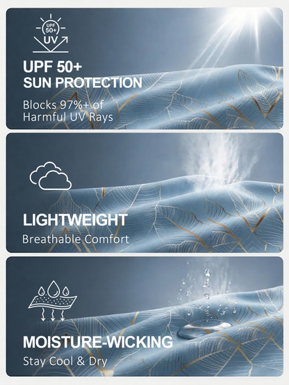 Infographic showing UPF 50+ sun protection, lightweight breathable, and moisture-wicking fabric.