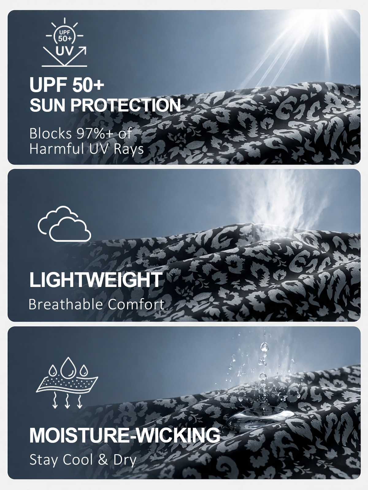 Infographic showing sun protection, lightweight, and moisture-wicking features of golf fabric.