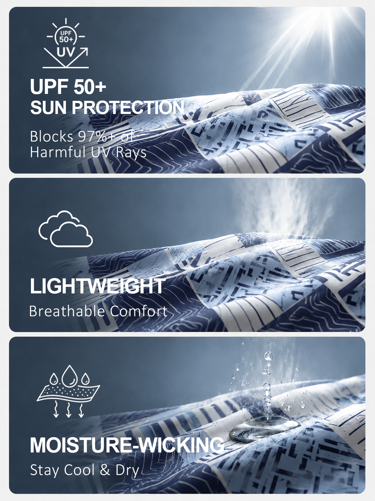 Infographic showcasing UPF 50+, lightweight, and moisture-wicking features of golf apparel fabric.