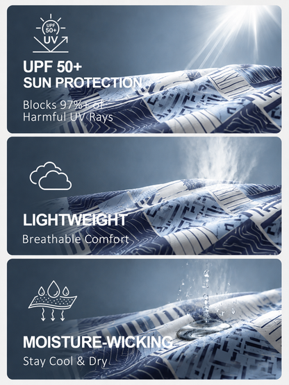 Infographic showcasing UPF 50+, lightweight, and moisture-wicking features of golf apparel fabric.
