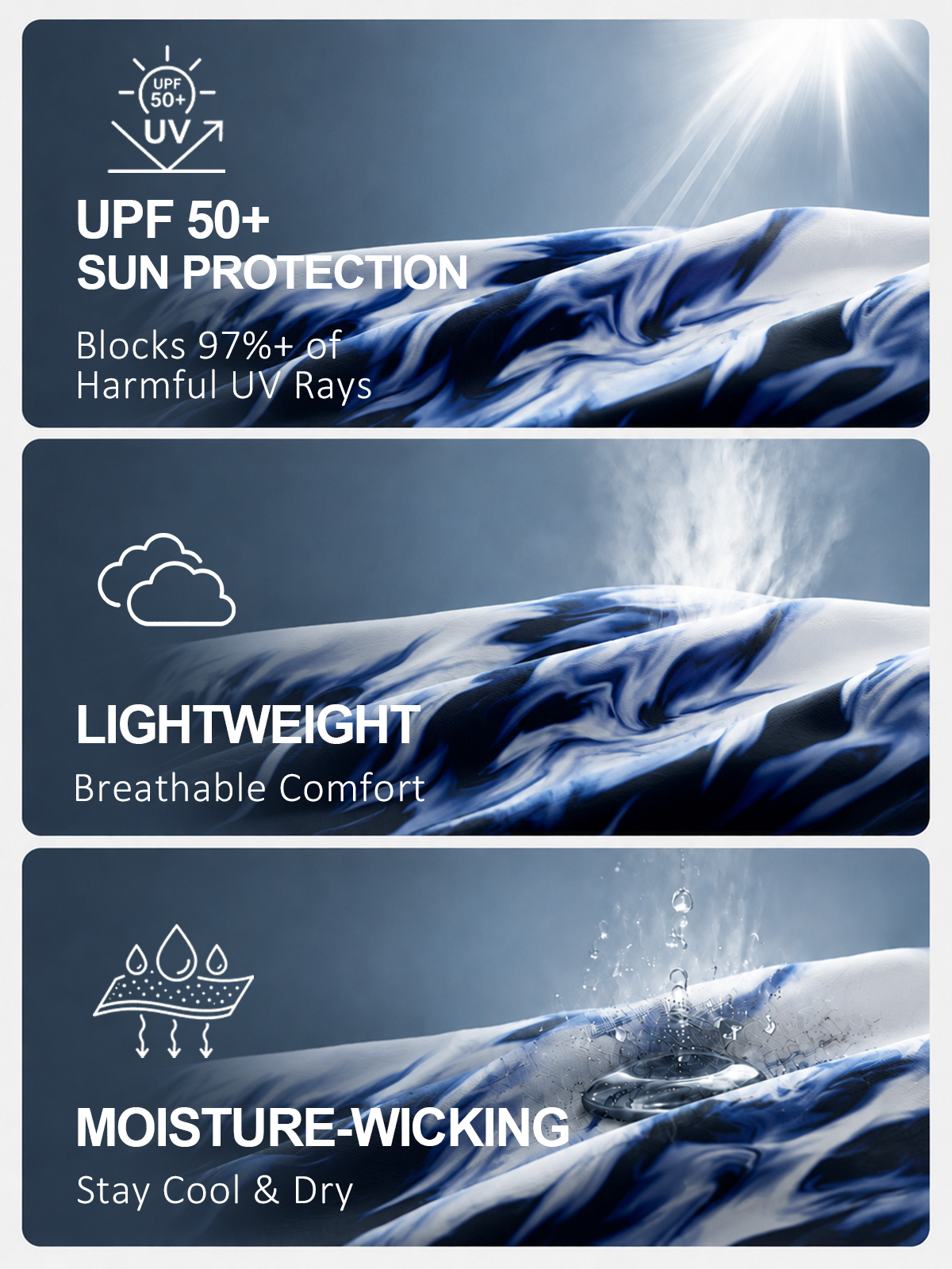 Infographic showing UPF 50+ sun protection, lightweight breathable, and moisture-wicking fabric.