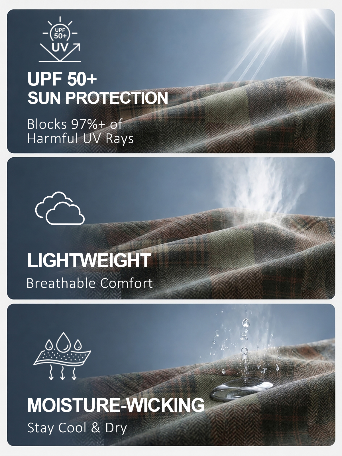 Performance golf fabric showing UPF 50+ sun protection, lightweight, and moisture-wicking features.