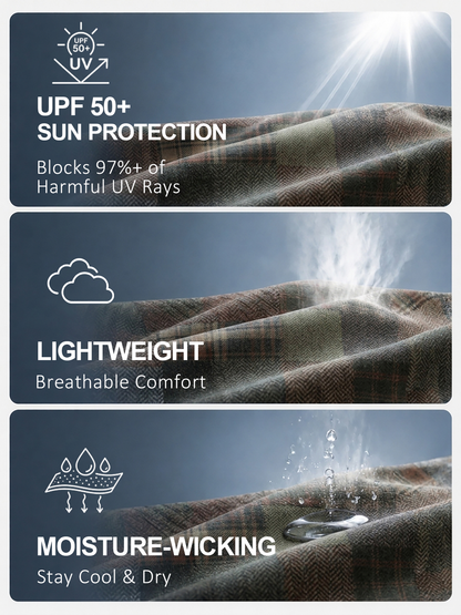 Performance golf fabric showing UPF 50+ sun protection, lightweight, and moisture-wicking features.