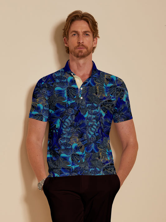 Hyped-up Tropical Men's Ribbed Collar Polo Top UPF50+