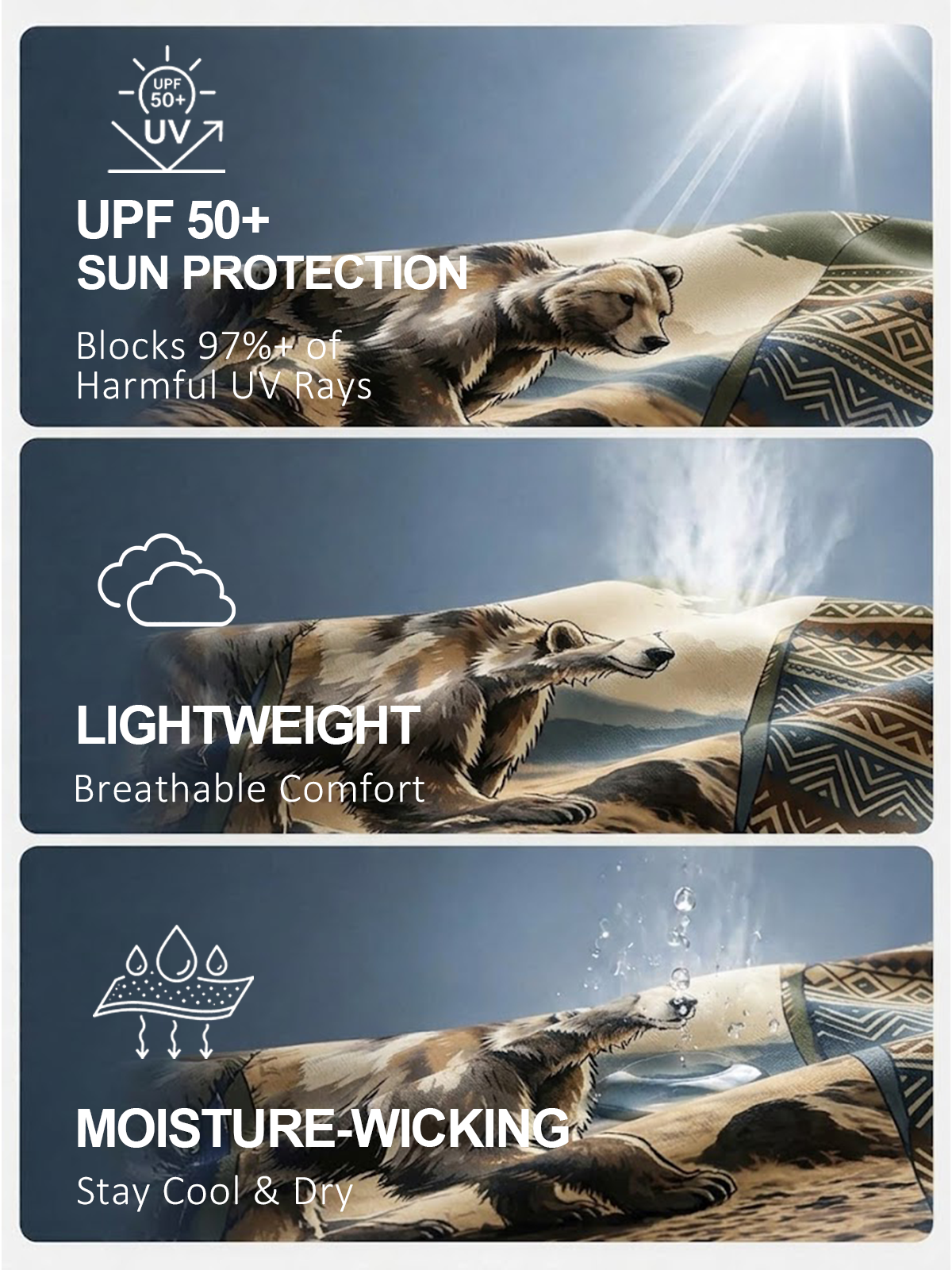 Infographic showing UPF 50+, lightweight, and moisture-wicking features of a golf towel.
