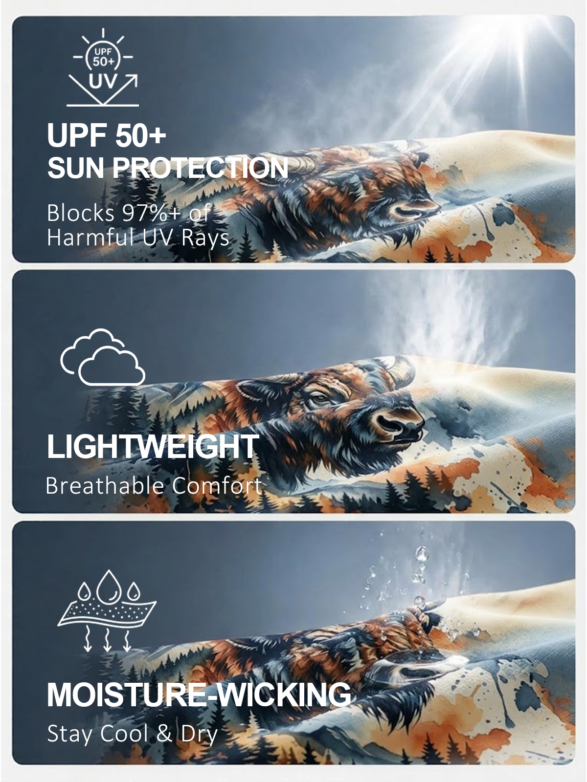 Performance fabric featuring UPF 50+ sun protection, lightweight, and moisture-wicking properties.
