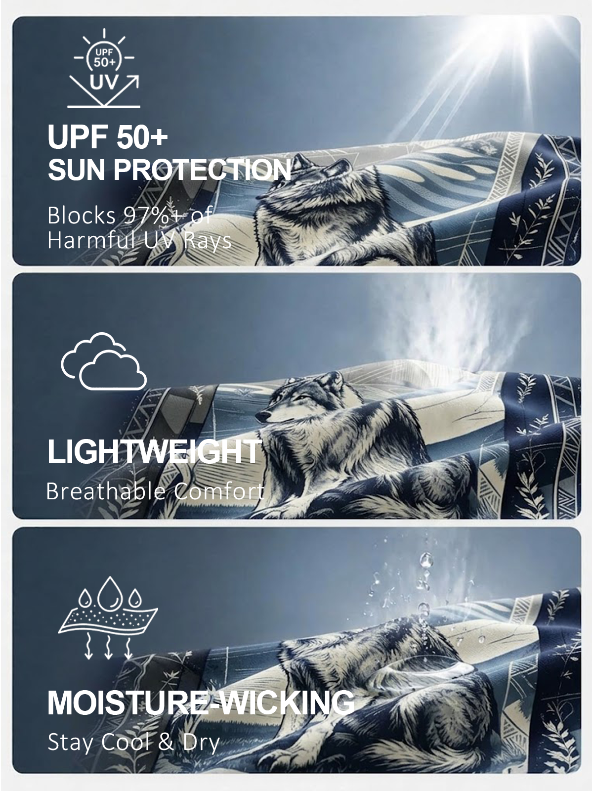 Infographic showcasing UPF 50+ sun protection, lightweight, and moisture-wicking golf apparel fabric.