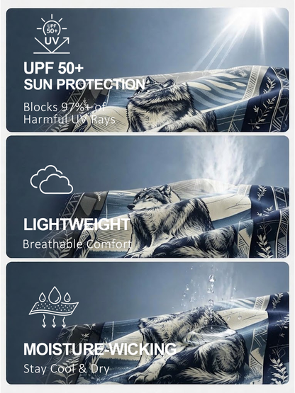 Infographic showcasing UPF 50+ sun protection, lightweight, and moisture-wicking golf apparel fabric.